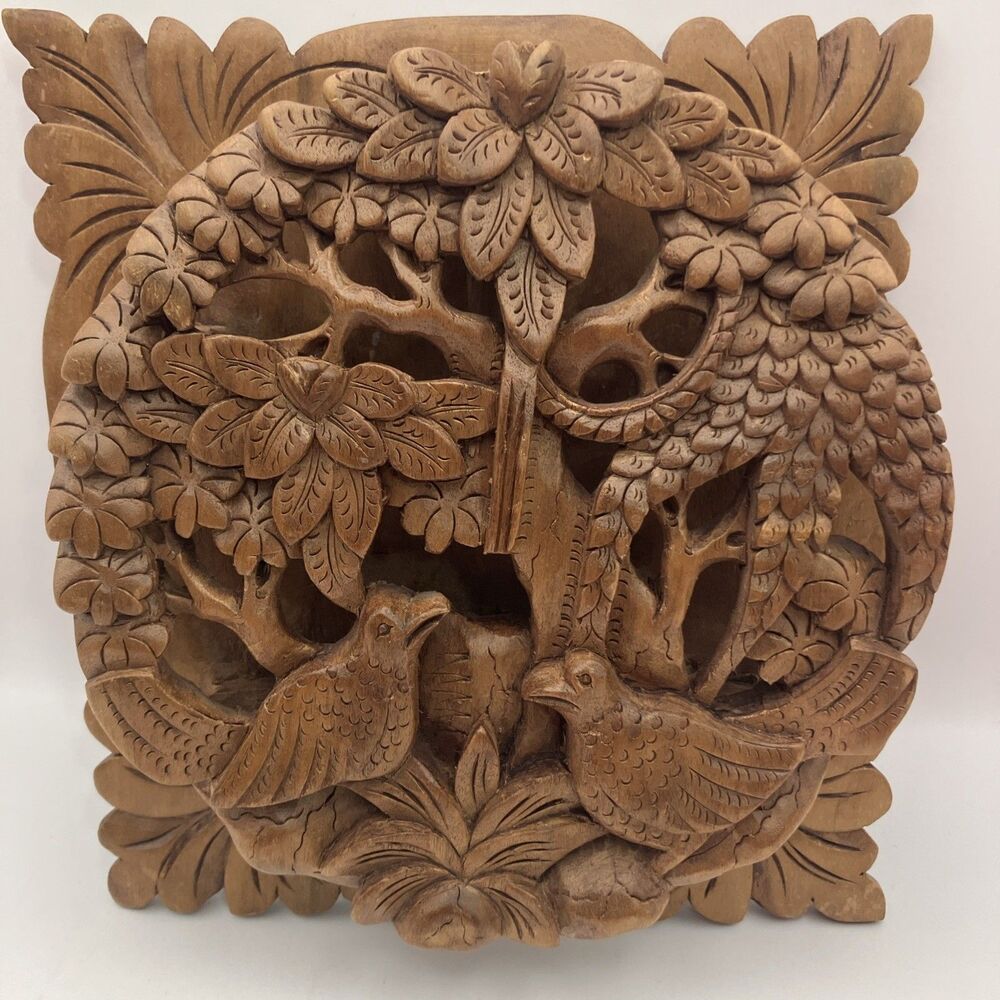 Indonesian  Wall Art Carved Wood Tropical Birds in 3D Scene - Balinese- Rare